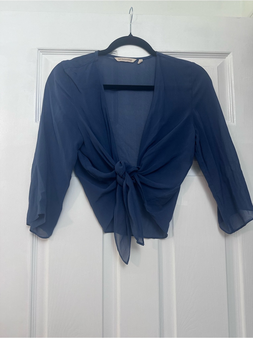 Soft Surroundings 100% Silk Blue Tie Front Shawl Jacket XS
